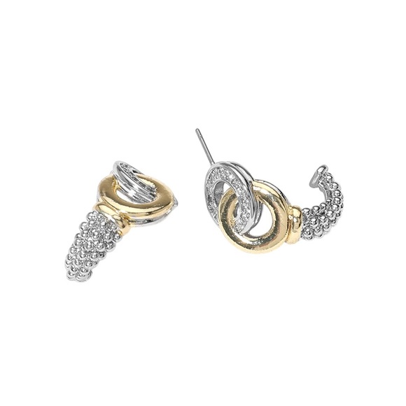 14K GP Two Tone CZ Stone Mini Hoop Earrings - Picture 3 of 4